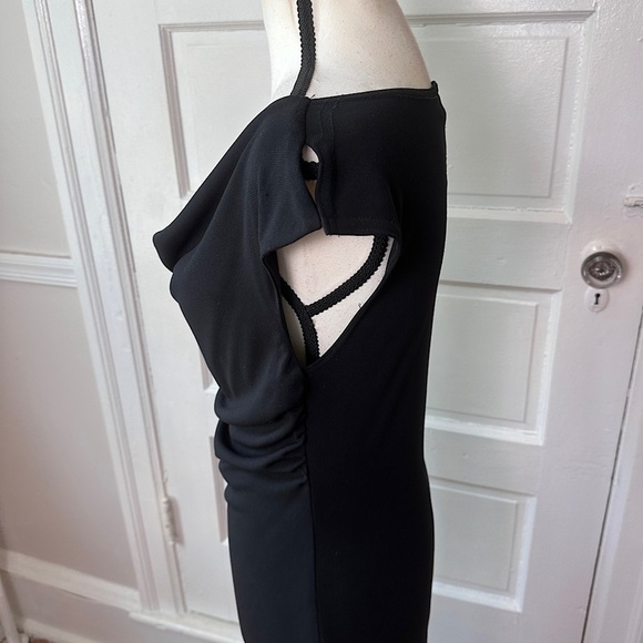 Byer Too! Y2K Classic Black Dress Cowl Neck Split Shoulder Seam Minimalist Sz M - Picture 11 of 17